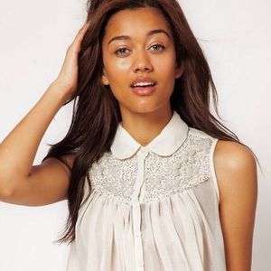 River Island Beaded Sheer Cream Ivory Flowy Top